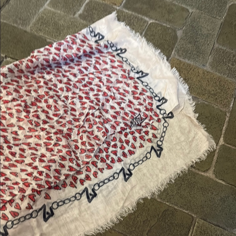 Zadig & Voltaire White Scarf with Red Heart and Navy Chain Motif